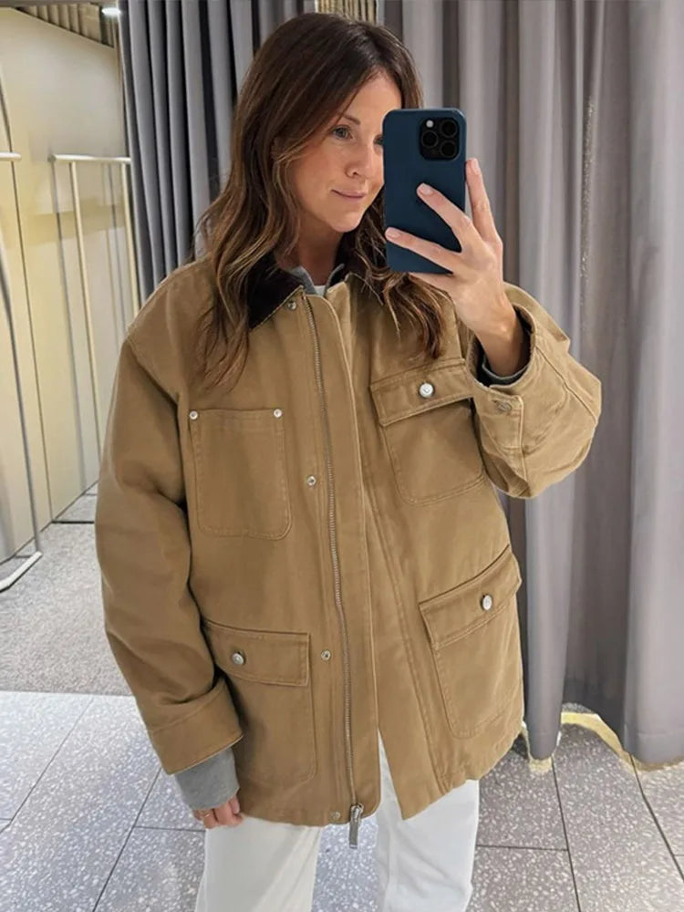 Lapel Patchwork Oversized Autumn Jacket Women Turn-down Collar Long Sleeve Zipper Pockets Coats New Fashionable Ladies Outerwear