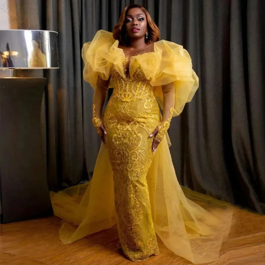 Yellow Lace Evening Dresses Aso Ebi Long Sleeves Mermaid African Plus Size Women Night Party Gowns
