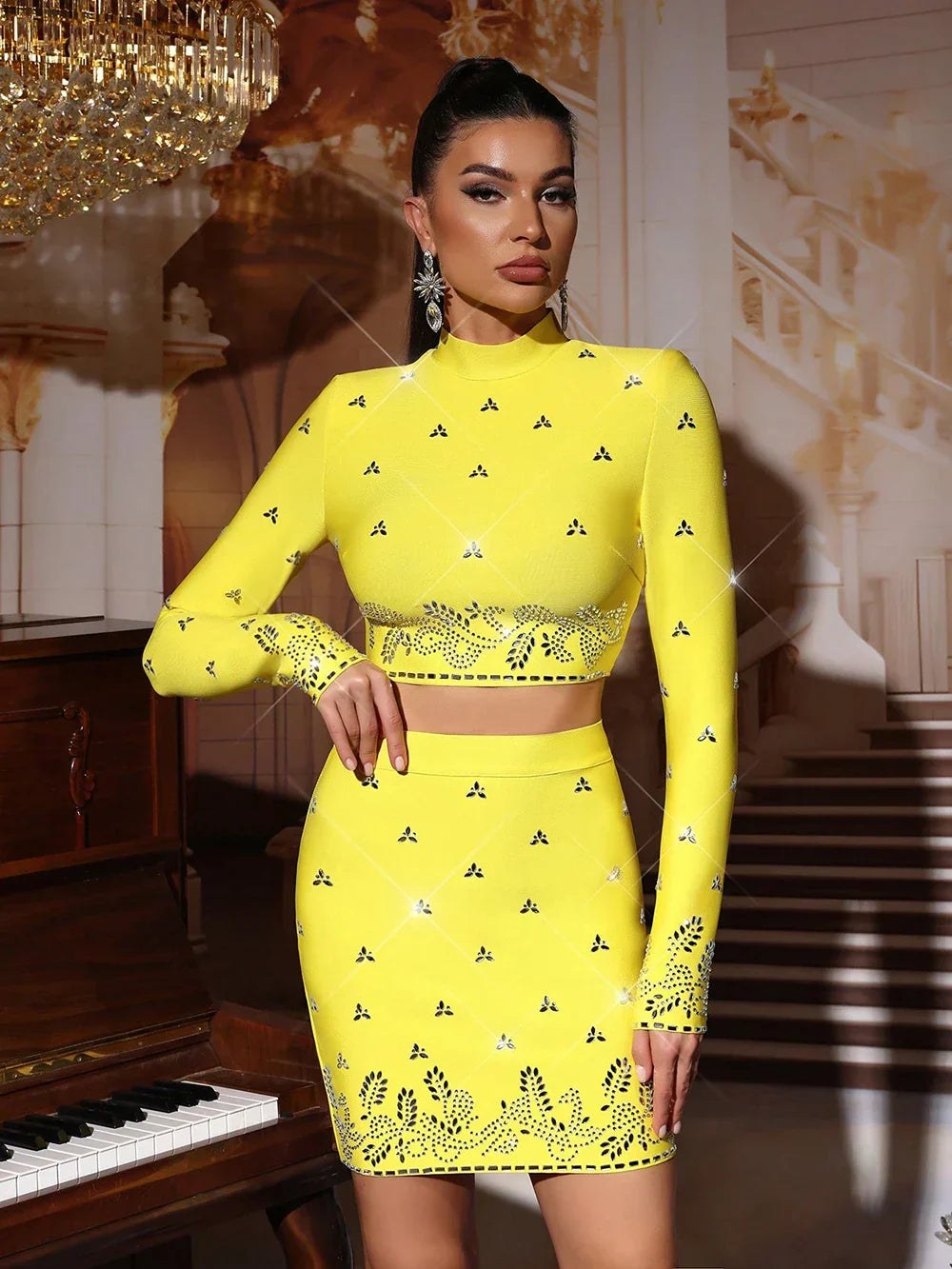 Modphy Black Yellow Rhinestone Bandage Two-Piece Set Women Long Sleeve Sexy Short Tops Bodycon Skirt Mini Sets Fashion Outfit