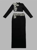 2024 Sexy Women's Bandage Skirt Set Stand up Collar Long Sleeve Nail Bead Water Diamond Short Top+Long Dress Two Piece Set black