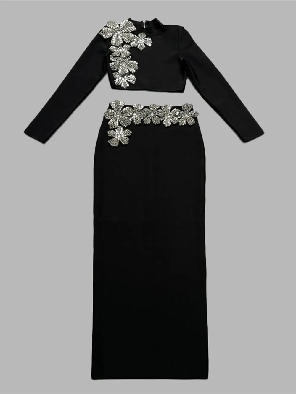 2024 Sexy Women's Bandage Skirt Set Stand up Collar Long Sleeve Nail Bead Water Diamond Short Top+Long Dress Two Piece Set black