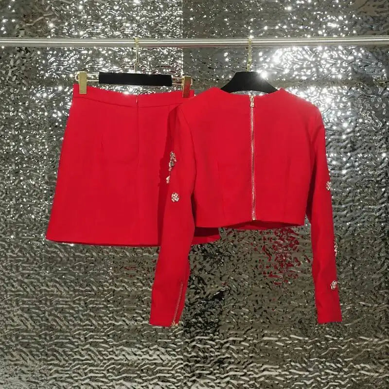 DEAT Fashion Women's Heavy Industry Diamond Two Piece Set Short Long Sleeve Tops Wrapped Hip A-line Mini Skirt Female 36A130