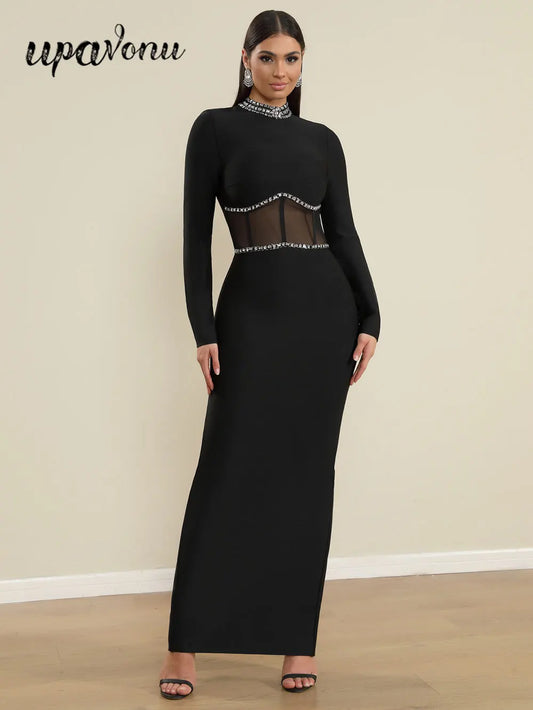 2025 Spring Women Bead Design Bandage Long Dress Stand Collar Long Sleeve Chiffon Patchwork Bodycon Dress Evening Party Vestidos