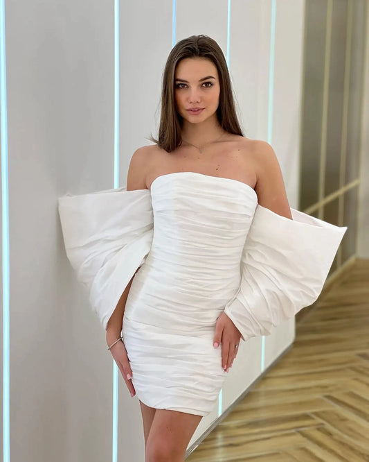 Elegant Short Wedding Dresses  Strapless Puff Sleeves Sheath Satin Mini Formal Bridal Party Gowns Christmas