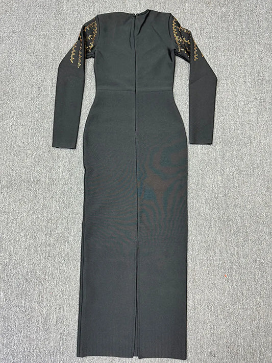 2024 Elegant Women's Light Luxury Hot Diamond Bandage Dress V-neck Long Sleeve Bodycon Long Dress Cocktail Evening Party Vestido