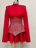 2024 Elegant Women'S Christmas Dress Pleated Mini Dress Stand Collar Long Sleeved Rhinestone Design Dress Cocktail Party Vestido Red