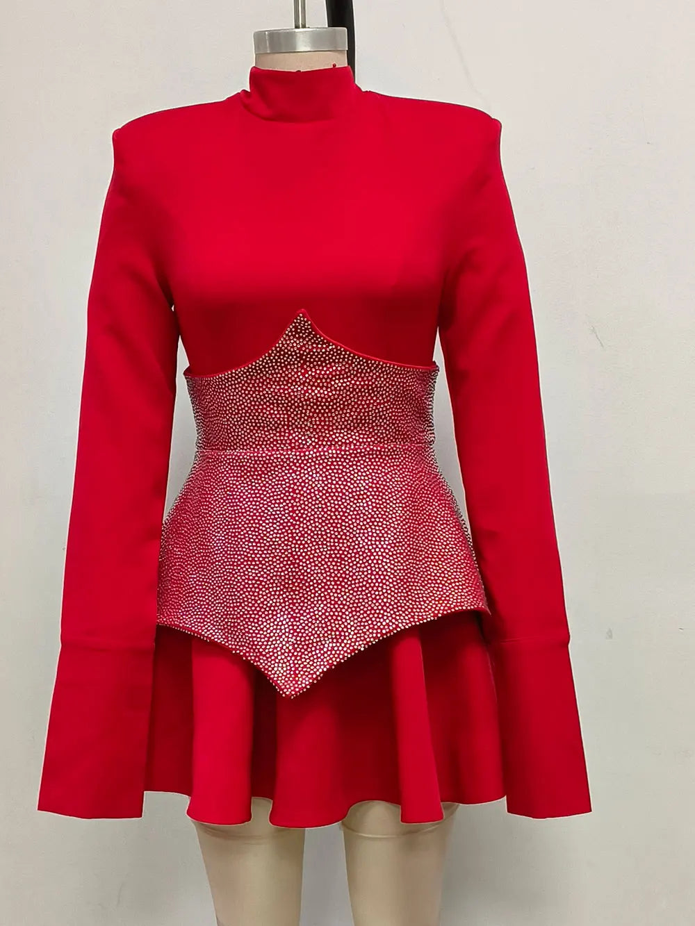 2024 Elegant Women'S Christmas Dress Pleated Mini Dress Stand Collar Long Sleeved Rhinestone Design Dress Cocktail Party Vestido Red