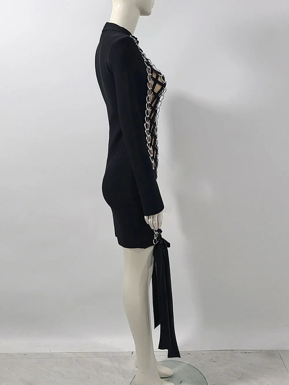 2024 Women's Sexy Drawstring Strap Bandage Dress O-neck Long Sleeve Bodycon Mini Dress Cocktail Evening Party Vestidos