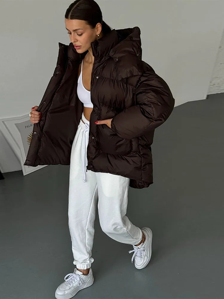 Women's Bomber Jacket Large Pocket Oversized Hooded Padded Jackets Casual Female Lantern Sleeve Autumn Coats New Lady Outerwears