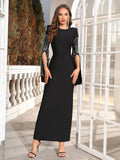 2025 Elegant Women's Black Long Bandage Dress O-neck Hot Diamond Split Long Sleeve Bodycon Dress Cocktail Evening Party Vestidos