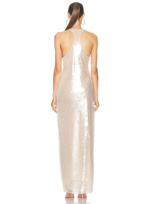 2025 Spring Sexy Women's Light Luxury Bright Piece Long Dress with U Neck Sleeveless Bodycon backless Evening Club Party Dresses