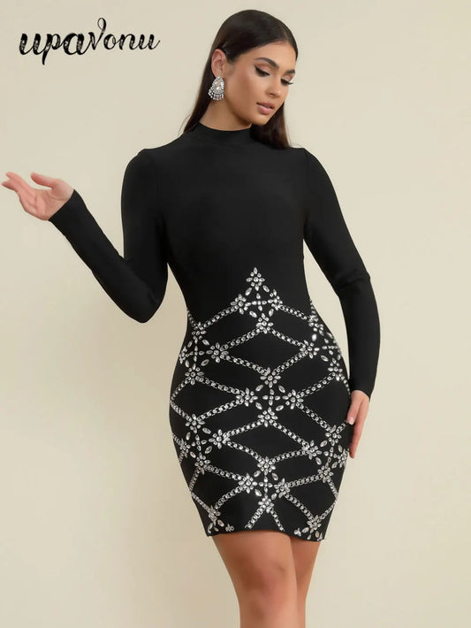 Spring Elegant Women's Bandage Dress Stand Collar Long Sleeve Light Luxury Hot Diamond Bodycon Dress Club Party Vestidos