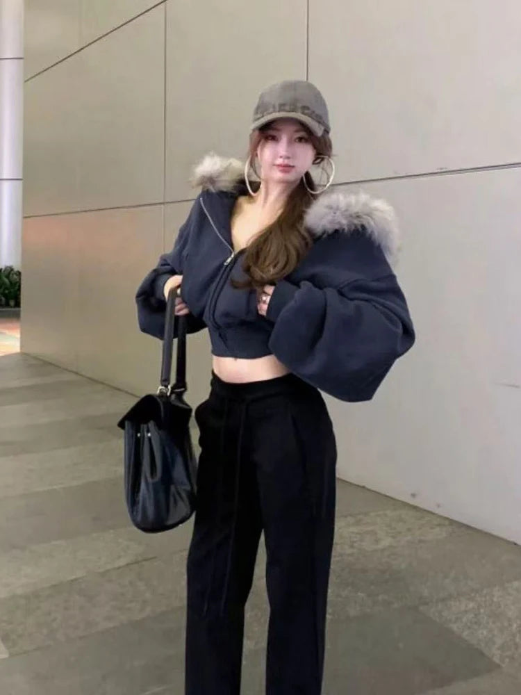 American Retro Fur Collar Slim Fit Cropped Jacket Women Zip Up Long Sleeve Hooded Shirt Streetwear Y2K Black Hoodies Sweatshirts