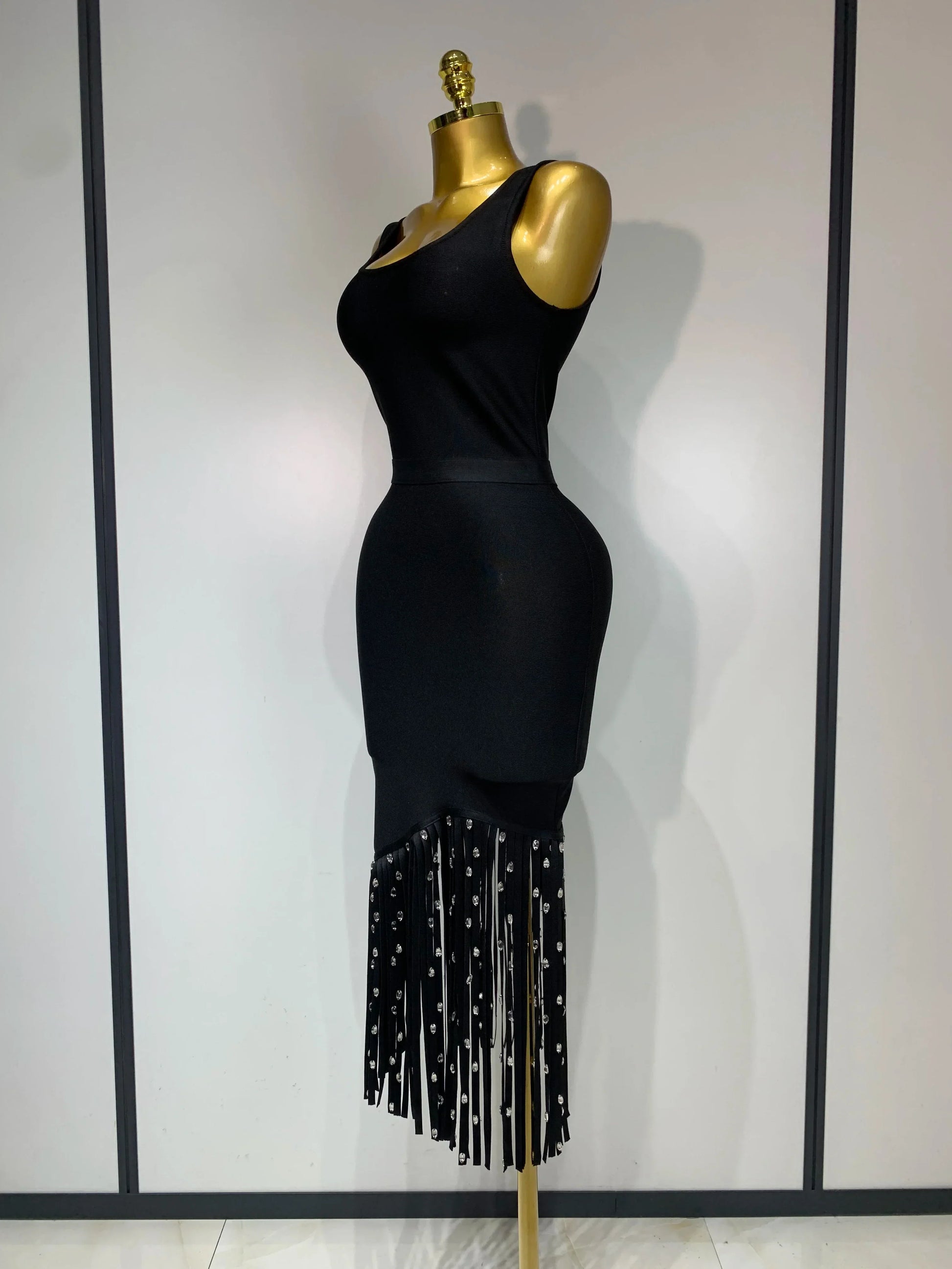 New Fashion Crystal Tassel Temperament Suspender Bodycon Bandage Dress Sexy Midi Evening Party Birthday Dresses Vestidos