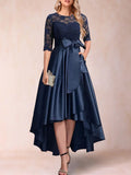 Mother Of The Bride Gown - Elegant A-Line Prom Gown Satin Applique Asymmetrical Half Sleeves Scoop Neck Mother of the Bride Dresses 2025 Free Customized Dark Navy