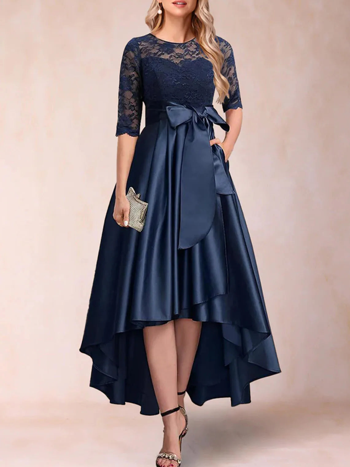 Mother Of The Bride Gown - Elegant A-Line Prom Gown Satin Applique Asymmetrical Half Sleeves Scoop Neck Mother of the Bride Dresses 2025 Free Customized Dark Navy