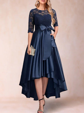 Mother Of The Bride Gown - Elegant A-Line Prom Gown Satin Applique Asymmetrical Half Sleeves Scoop Neck Mother of the Bride Dresses 2025 Free Customized Dark Navy