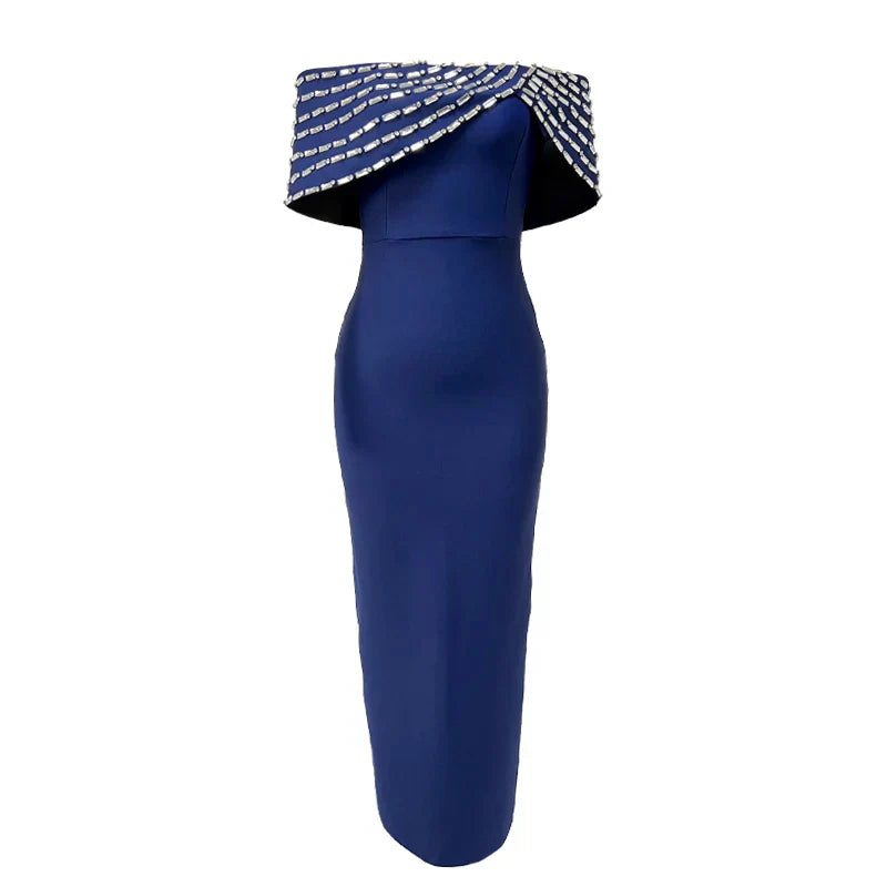 New Blue Color Women Sexy Slash Neck Off the Shoulder Shinning Crystal Bodycon Long Bandage Dress Elegant Evening Party Outfit