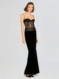 Women'S Sling Velvet Long Dress Sexy See Through Lace Slim Fishbone Dress Elegant Celebrity Evening Party Gowns