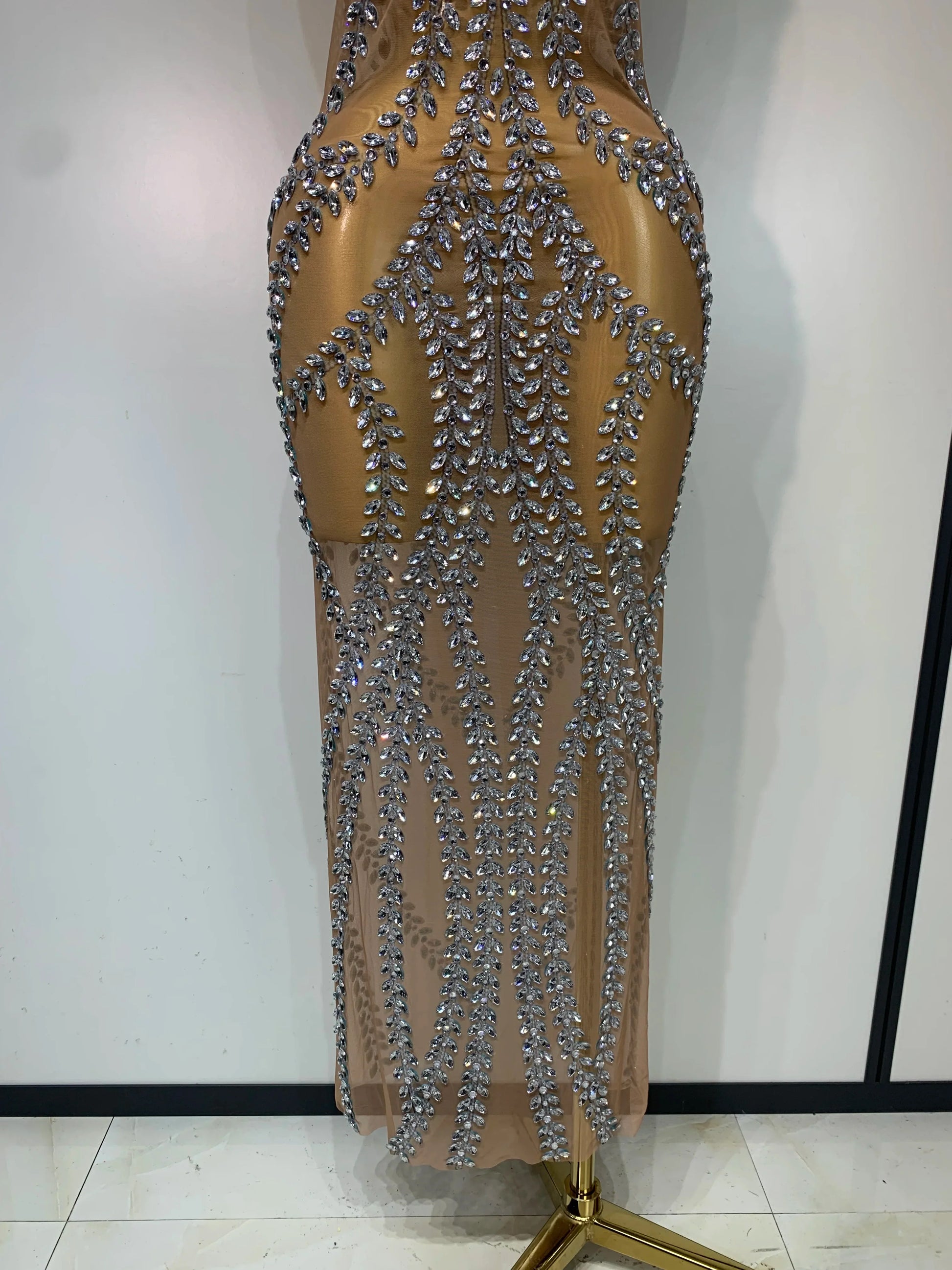 Women Sexy Sparkly Rhinestones Mesh See Through Stretch Dress Luxury Birthday Performance Stage Costume Evening Party Dress
