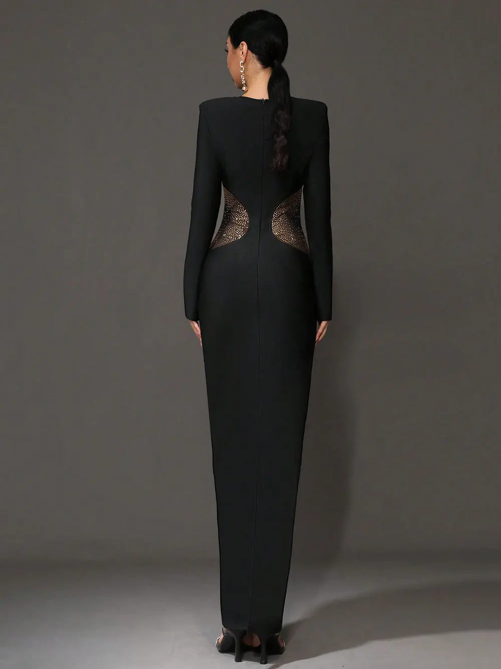 2025 Sexy Women'S Chiffon Hot Stamping Design Bandage Dress O-Neck Long Sleeved Bodycon Black Long Dress Cocktail Party Vestidos