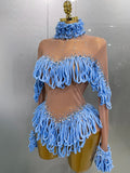 Women Shining Rhinestones Sexy Mesh Tassels Bodysuit Birthday Party Club Performance Dance DJ Leotard Show Stage Wear