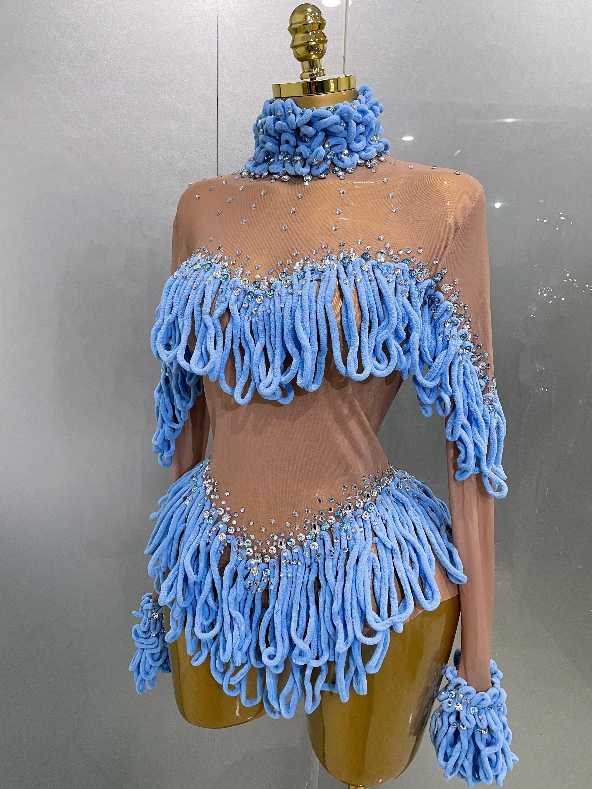 Women Shining Rhinestones Sexy Mesh Tassels Bodysuit Birthday Party Club Performance Dance DJ Leotard Show Stage Wear