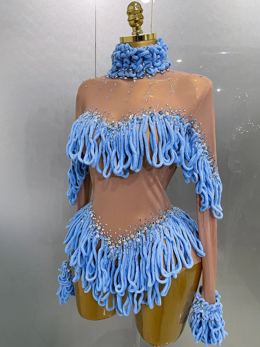 Women Shining Rhinestones Sexy Mesh Tassels Bodysuit Birthday Party Club Performance Dance DJ Leotard Show Stage Wear