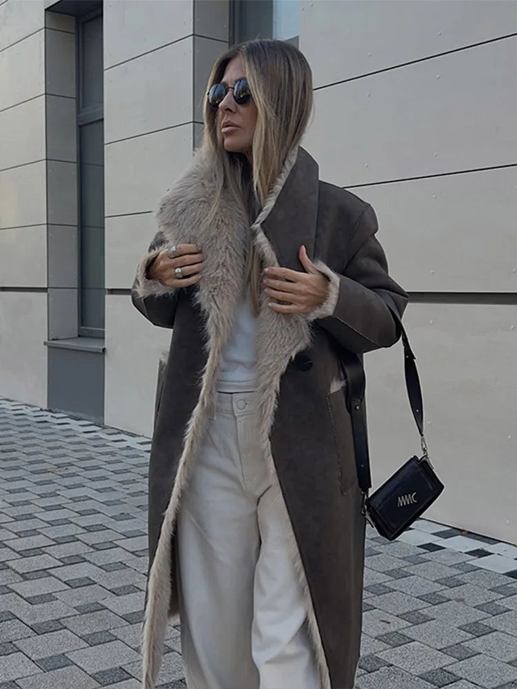 Women's Long Coats Lapel Reversible Faux Fur Coat Fashion Female Long Sleeves Loose Autumn Winter Bomber Jackets New Outerwears