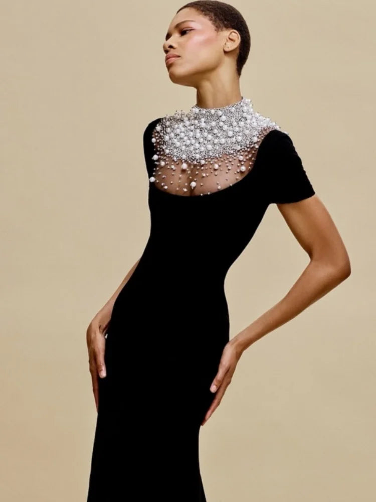 High Quality Women Short Sleeve Pearl Beading Velvet Bodycon Long Dress Elegant Evening Party Celebrate Cocktail Dress black