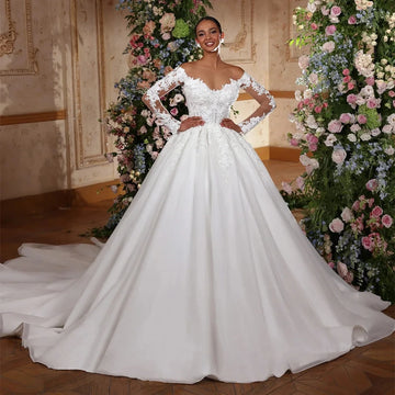 Elegant Wedding Dress 2026  V Neck Long Sleeves Flowers Applique Court Train Bridal Bride Gown Women Classic vestidos de novia