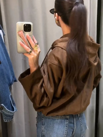 Hooded Zipper Short Woolen Jackets Women Vintage Drawstring Long Sleeve Zipper Loose Fitting Bomber Coats Autumn 2025 Outerwears