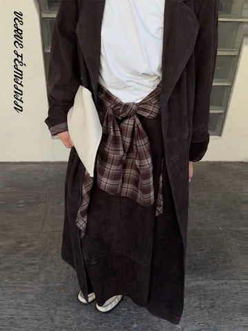 Women's Suede Jacket V-neck Lace Up Long Coats Autumn 2025 Office Lady Lapel Full Sleeves Slim Jackets Fashion Ladies Outerwears