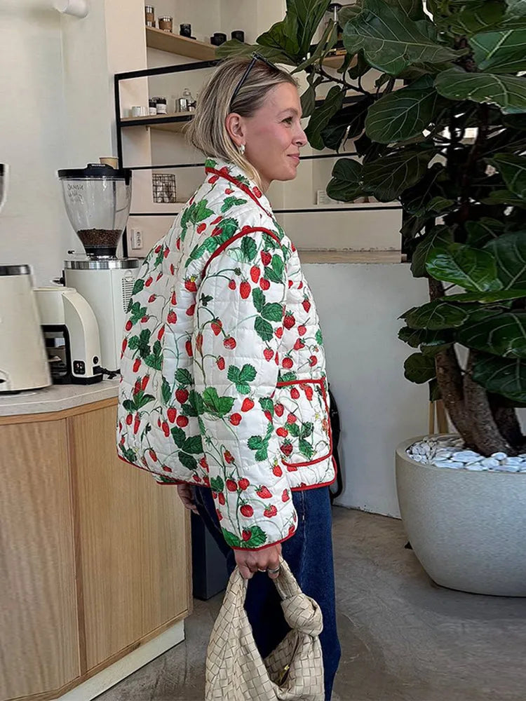 Casual Printed Loose Women's Padded Jackets Lapel Long Sleeve Single Breasted Pockets Panelled Coats New Autumn Ladies Outerwear