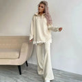 2024 Casual Autumn Loose Knit Sweater Set Fashion Zip Lapel Long Sleeve Pullover Sweater & Straight Pants Two-piece Set Apricot