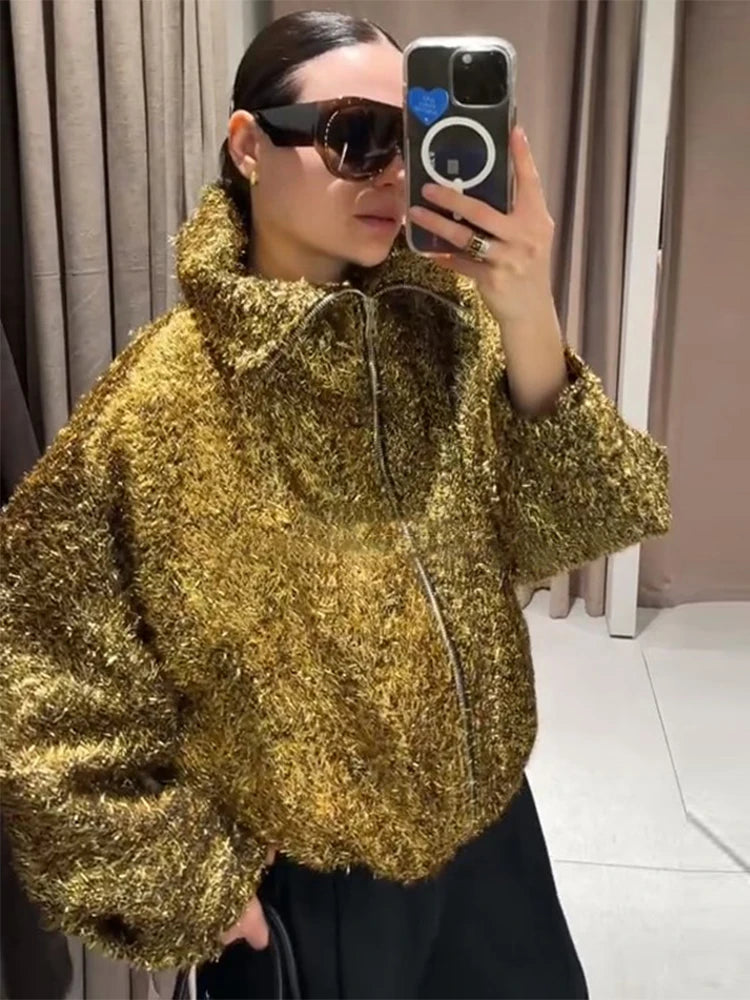 Women's Bomber Coats Lapel Zipper Lurex Jacket Autumn 2025 Female Turn-down Collar Long Sleeve Loose Coat Chic Ladies Outerwears