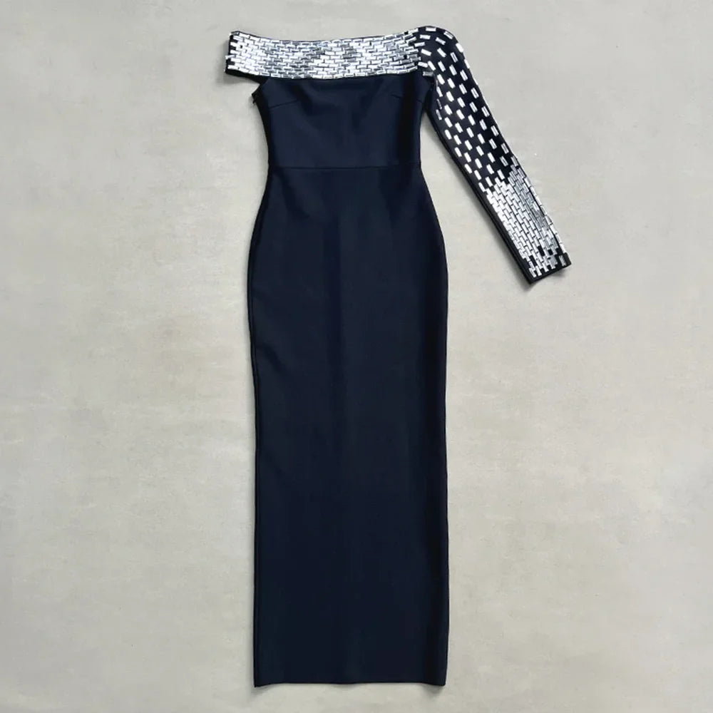 2025 Vestido Women'S Luxury Crystal Beaded Off Shoulder One Shoulder Long Sleeved Long Maxi Dress Wedding Banquet Party Gowns black