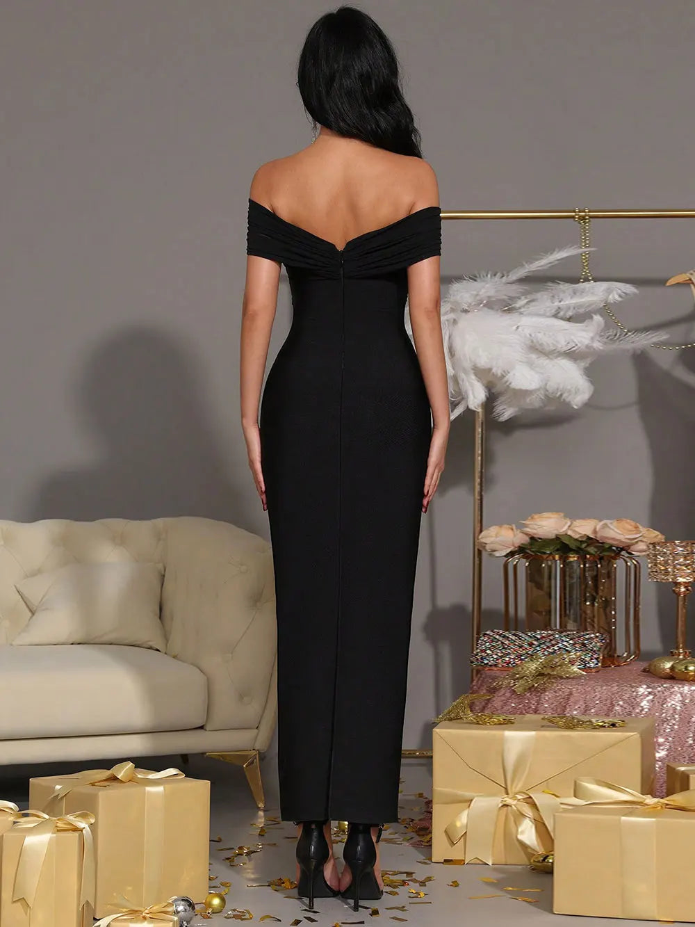 Women's Light Luxury Nail Diamond Design Bandage Dress with Off Shoulder Shoulder Sleeve Bodycon Long Dress Party Vestidos