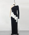 Women Sexy One Sleeve White Florals Bodycon Long Bandage Dress Fashion Nightclub Party Cocktail Outfit Vestido black