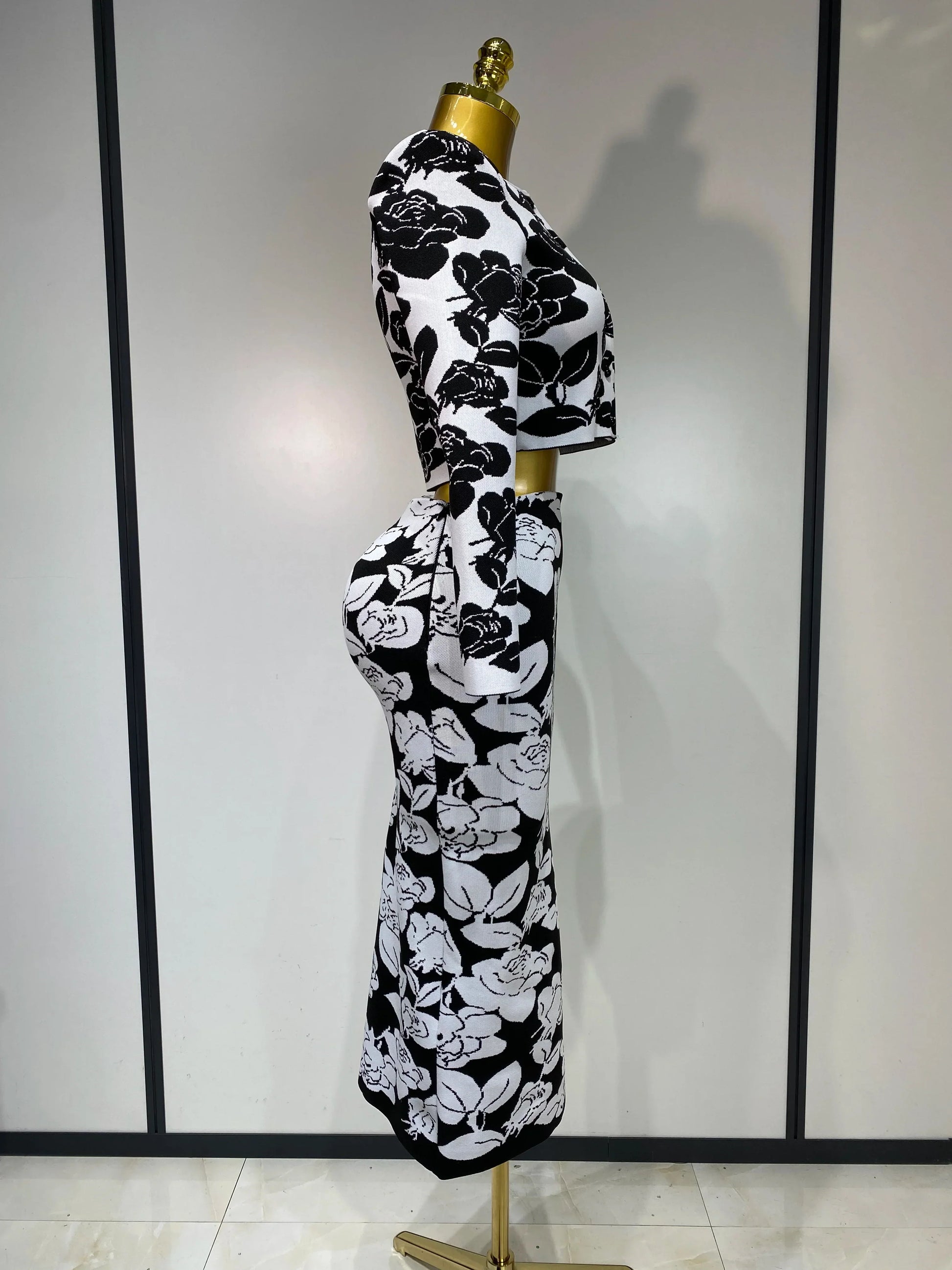 New Arrival Women Long Sleeve Jacquard Weave Two Pieces Set Celebrity Red Carpet Dress Birthday Bodycon Bandage Women's Set