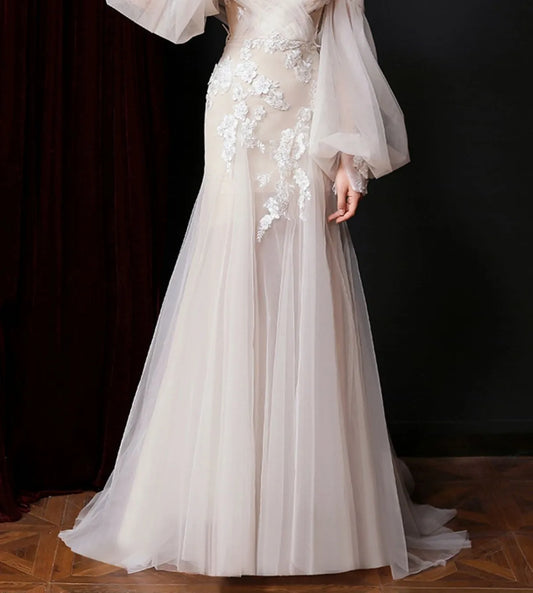 Elegant Princess Wedding Dresses 2026 Sheer Neck Long Puffy Sleeves Lace Appliques Bridal Bride Gowns Dress Vestidos De Noiva