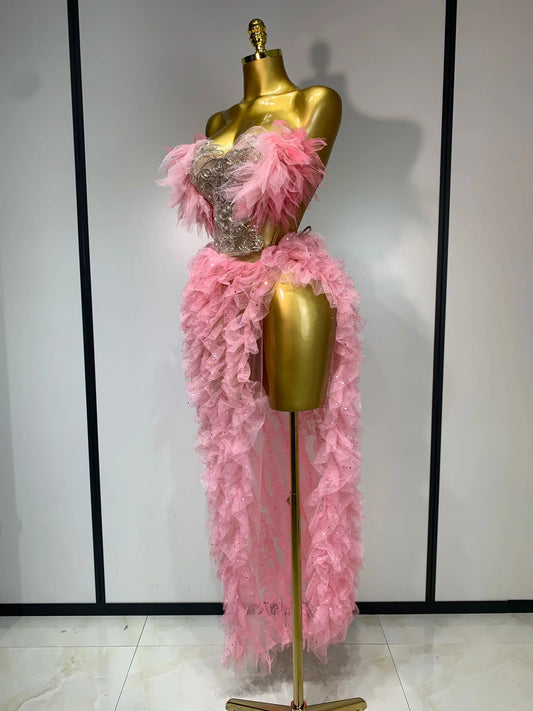 Women Sexy Strapless Ruffles two Pieces Set Bodycon Long Dress High Split Fashion Nightclub Party Birthday Singer Stage Outfit