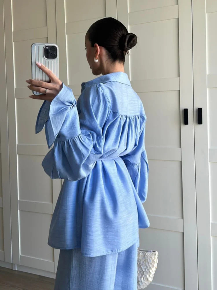 Street Pleated Slim Women's 2 Pcs Suits Lapel Long Sleeve Lace Up Shirts High Waist Wide Leg Trousers Fashion Ladies Outfits New