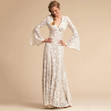 Classic Mermaid Wedding Dress 2026 V-neck Open Back Flare Sleeves Lace Princess Bridal Gowns Boho Garden Vestidos De Noiva