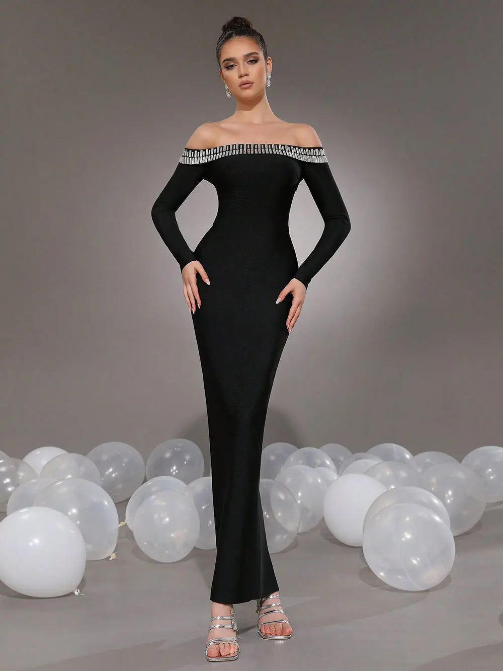 2025 Elegant Women's Light Luxury Nail Bead Bandage Dress with One Piece Collar Shoulder Long Sleeve Bodycon Bareback Long Dress black