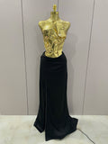 Gold Color Sexy Laced-up Tops 2 Pieces Set Long Dress Women Celebrate Evening Party Celebrity Elegant Dress Gold