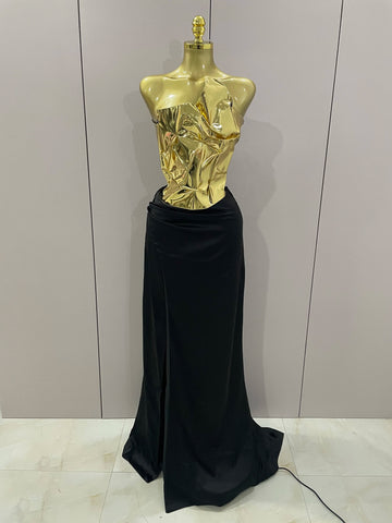 Gold Color Sexy Laced-up Tops 2 Pieces Set Long Dress Women Celebrate Evening Party Celebrity Elegant Dress Gold
