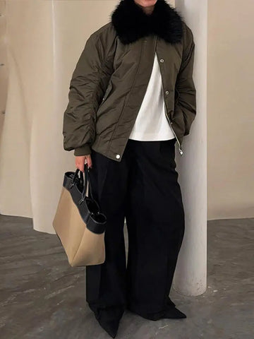 Womens's Winter Coats Faux Fur Collar Thicken Warm Bomber Jacket Casual Female Lantern Sleeves Loose Coat  New Ladies Outerwears