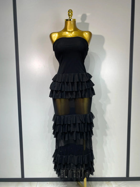 Women Sexy Strapless Ruffles Long Dress Black Backless Mesh See Through Design Dresses Evening Party Cocktail Birthday Dress black
