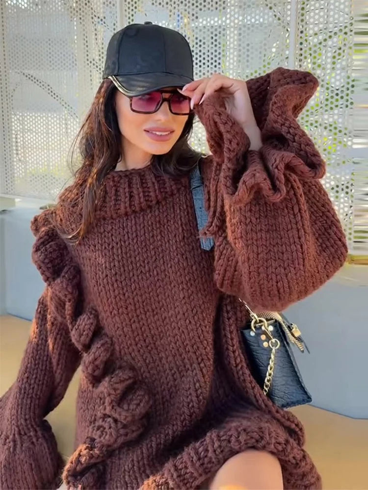 Women's Evening Dresses Ruffles Knitted Short Dress Autumn 2025 Female O-neck Flare Long Sleeves Oversized Partywear Streetwear